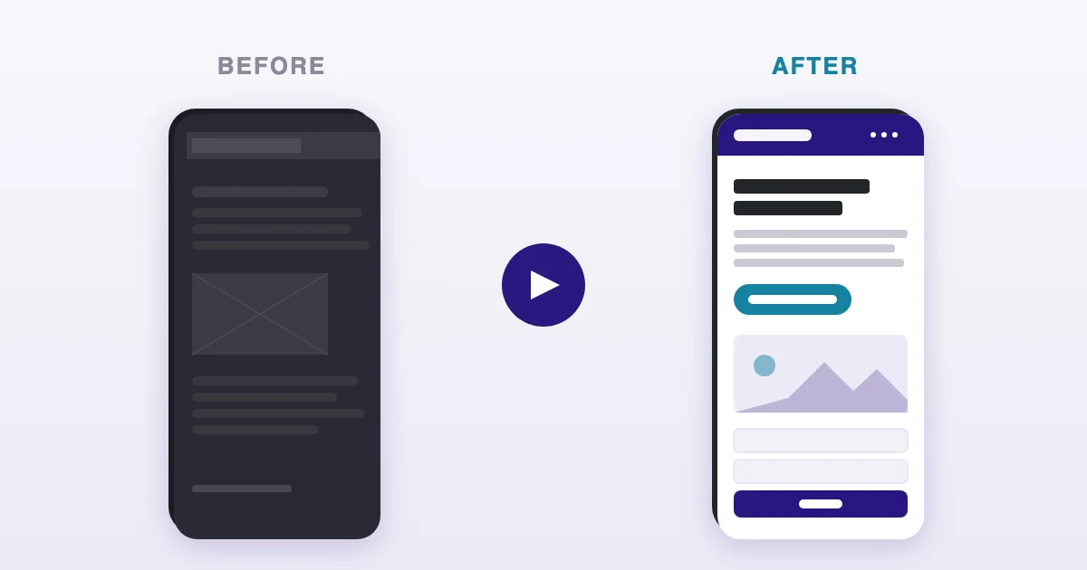 A tired old website on the left — broken mobile layout, dark text on a dark background, no contact form — transformed into a clean, readable, mobile-friendly site on the right with a clear 'Get in touch' button.