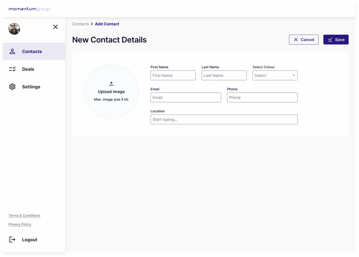 A "New Contact Details" create form — first and last name, email, phone, location and an image upload, with Save and Cancel.