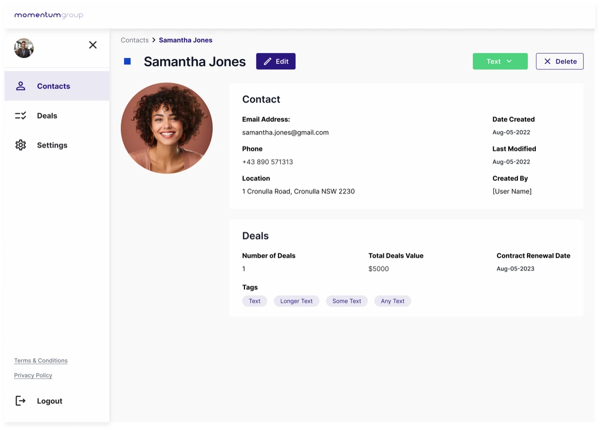 A contact record — Email, Phone, Location, Date Created and Last Modified fields — with a "Deals" section below listing the deals linked to that contact.