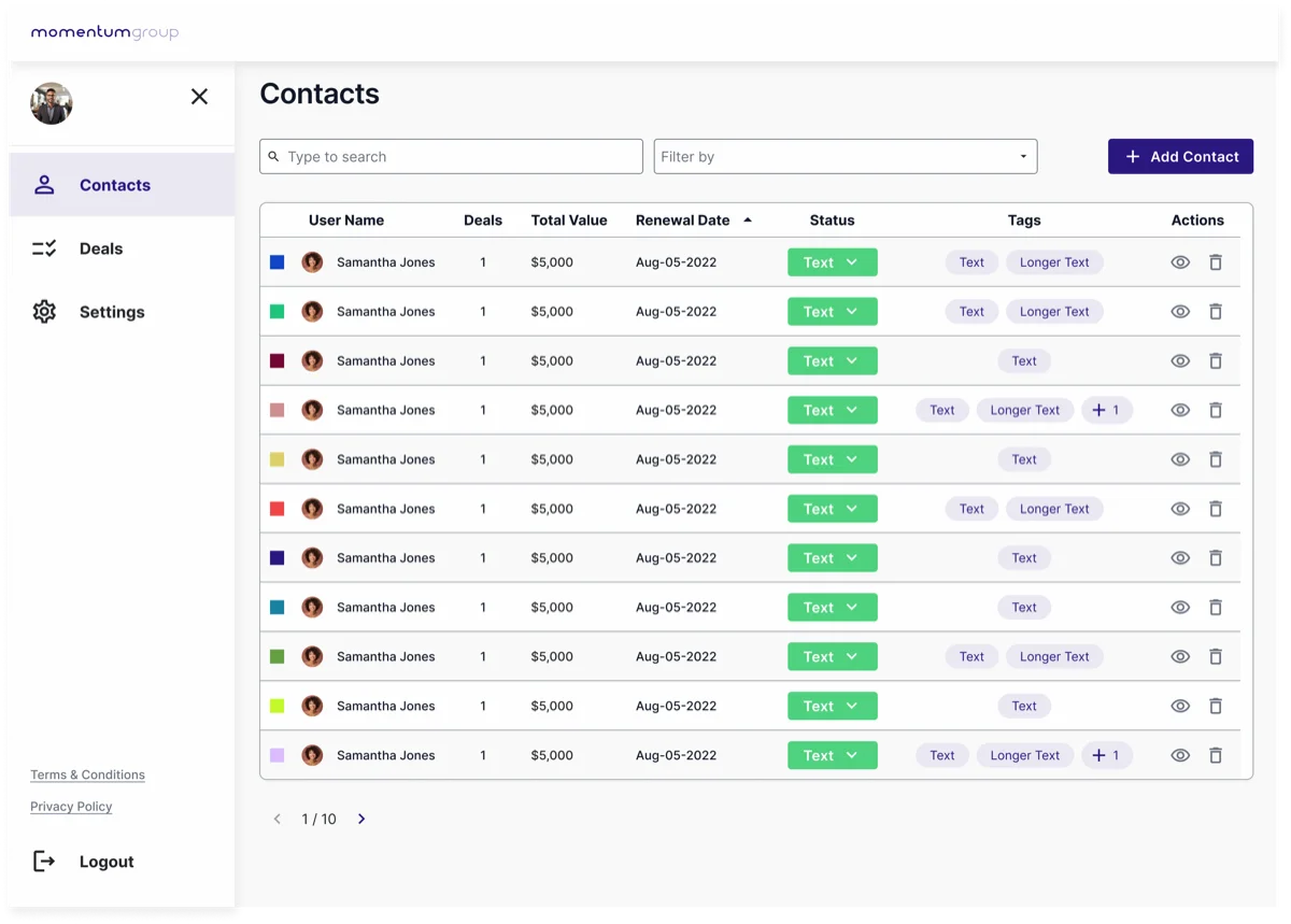 A CRM application screen — a persistent left navigation drawer (Contacts, Deals, Settings) beside a Contacts page with a data table and pagination.