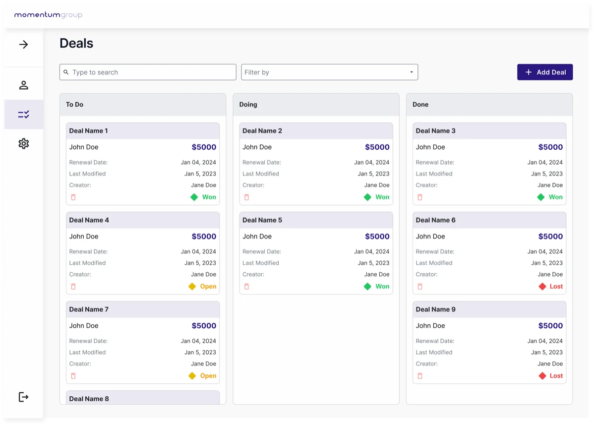 A kanban deal board — "To Do", "Doing" and "Done" columns of deal cards, each showing owner, value, dates and a Won/Open/Lost status.
