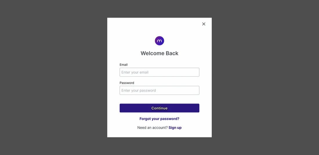 A log-in screen — a card with email and password fields, a Continue button, and links for "Forgot your password?" and "Sign up".