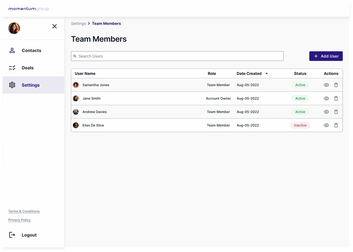 A Team Members settings screen — a table of users with Role (Account Owner or Team Member), Date Created and an Active/Inactive status, plus an Add User button.