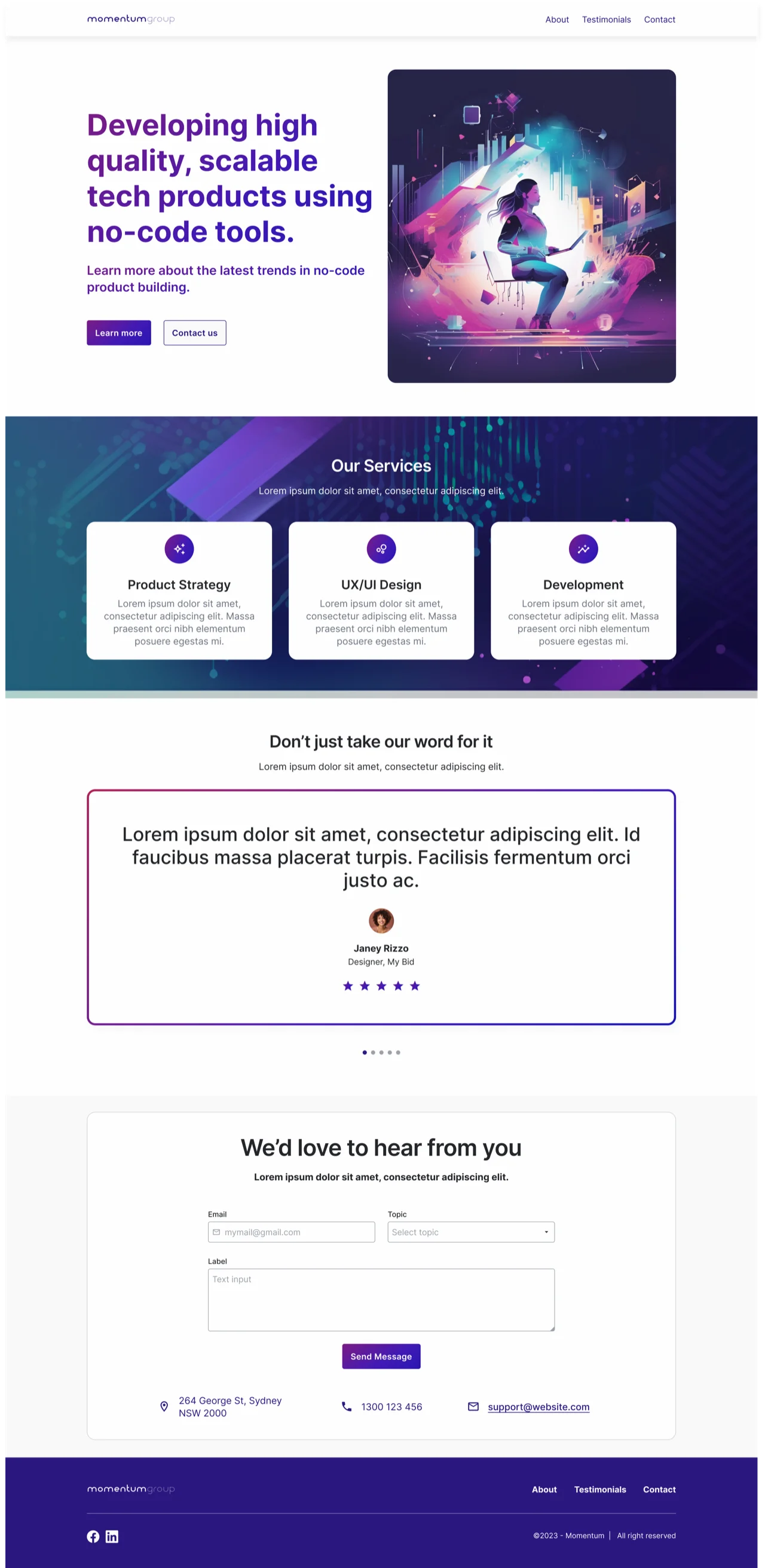 The finished Module 1 homepage — header and nav, a single-message hero, an Our Services row of three feature cards, testimonials and a contact section.