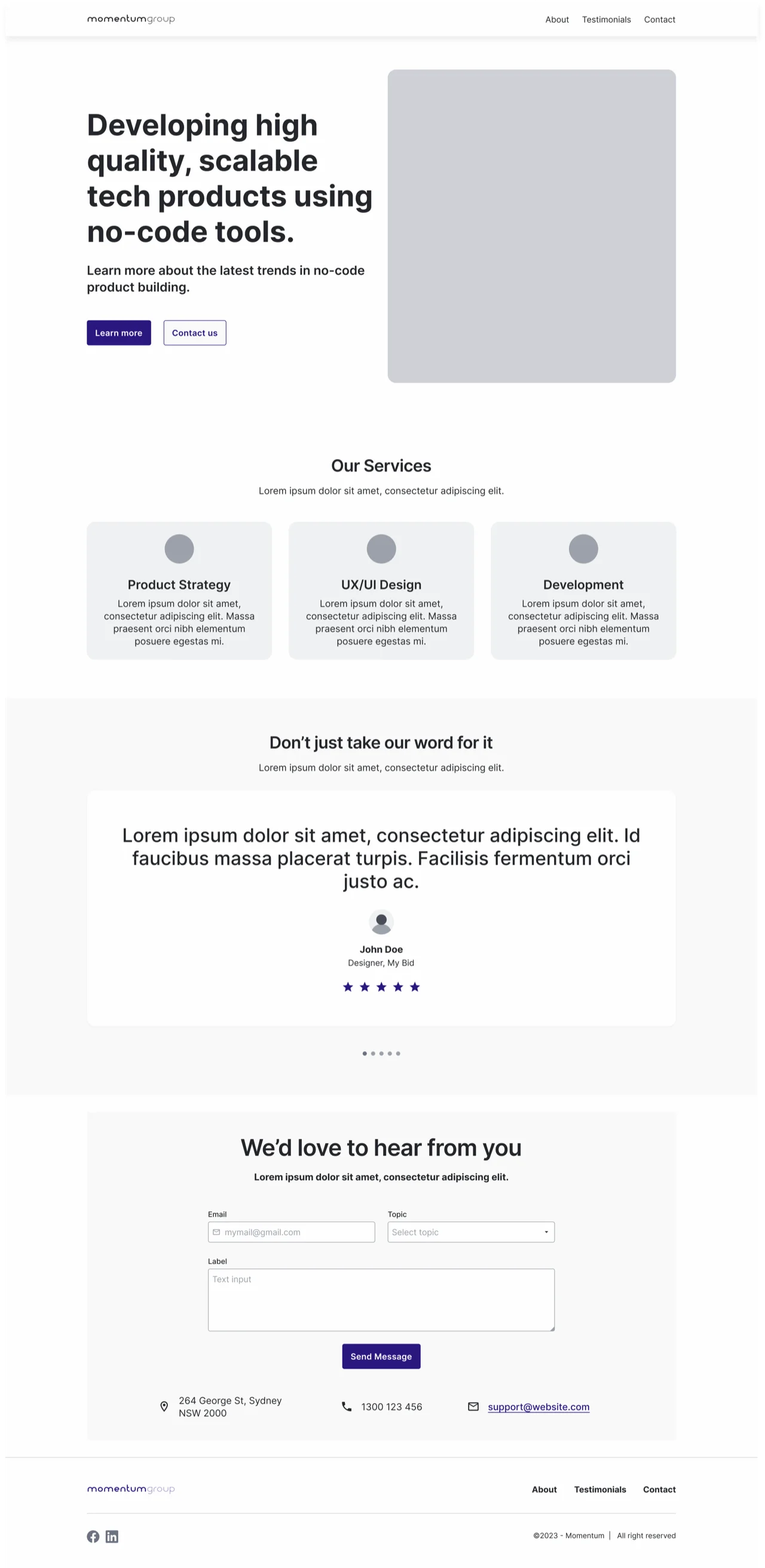 The homepage on a desktop screen — wide, with a two-column hero and a three-across services row.