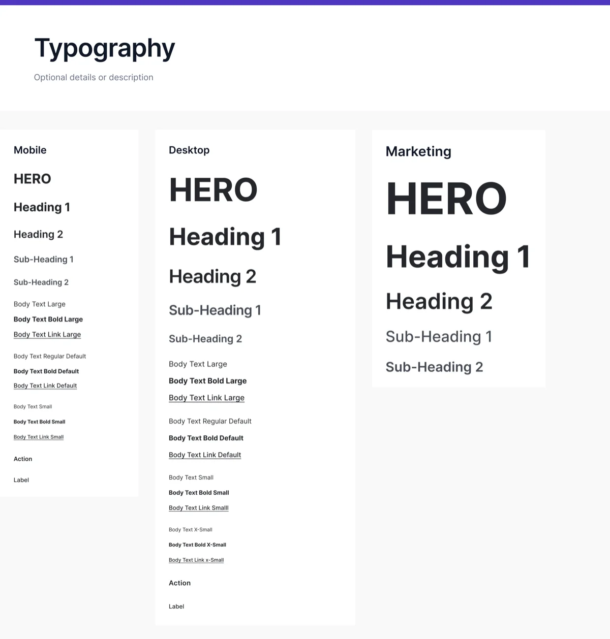 A type scale — HERO, Heading 1 and 2, sub-headings, body and label styles, defined for mobile, desktop and marketing.