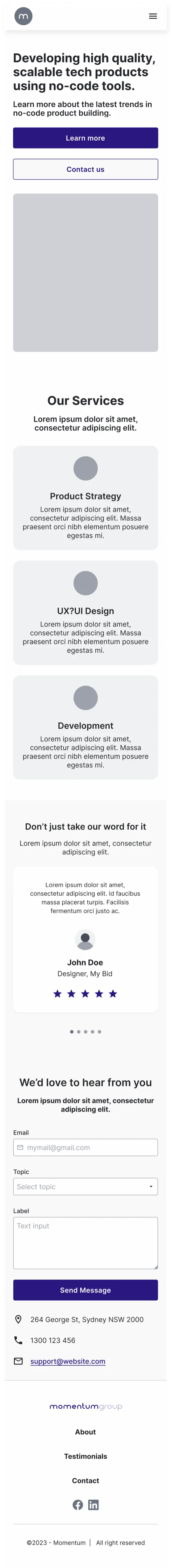 The same homepage on mobile — a single stacked column with a hamburger menu.